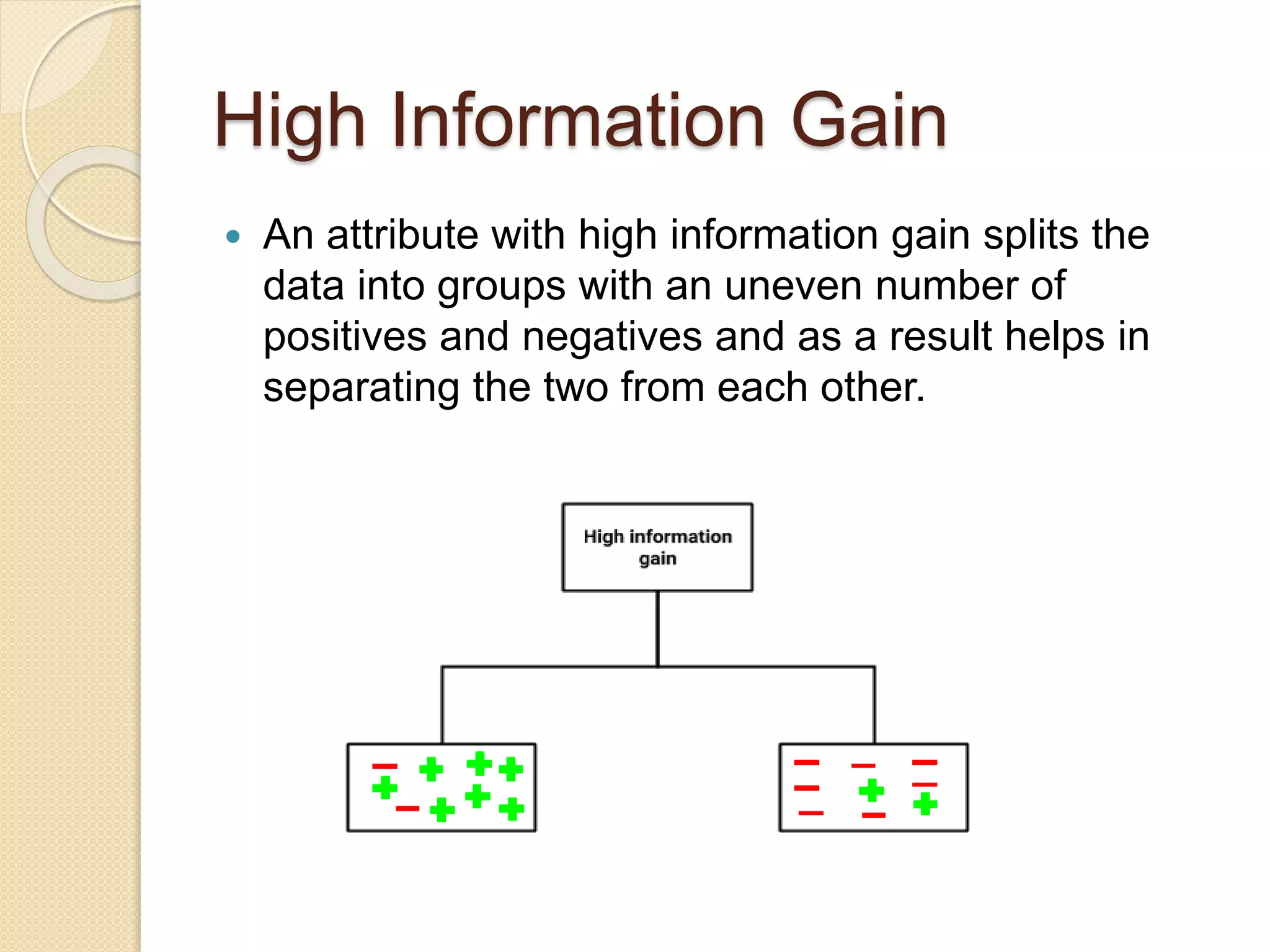 High Information Gain
 An attribute with high information gain splits the
data into groups with an uneven number of
positives and negatives and as a result helps in
separating the two from each other.
 