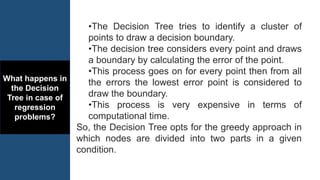 What happens in
the Decision
Tree in case of
regression
problems?
•The Decision Tree tries to identify a cluster of
points to draw a decision boundary.
•The decision tree considers every point and draws
a boundary by calculating the error of the point.
•This process goes on for every point then from all
the errors the lowest error point is considered to
draw the boundary.
•This process is very expensive in terms of
computational time.
So, the Decision Tree opts for the greedy approach in
which nodes are divided into two parts in a given
condition.
 