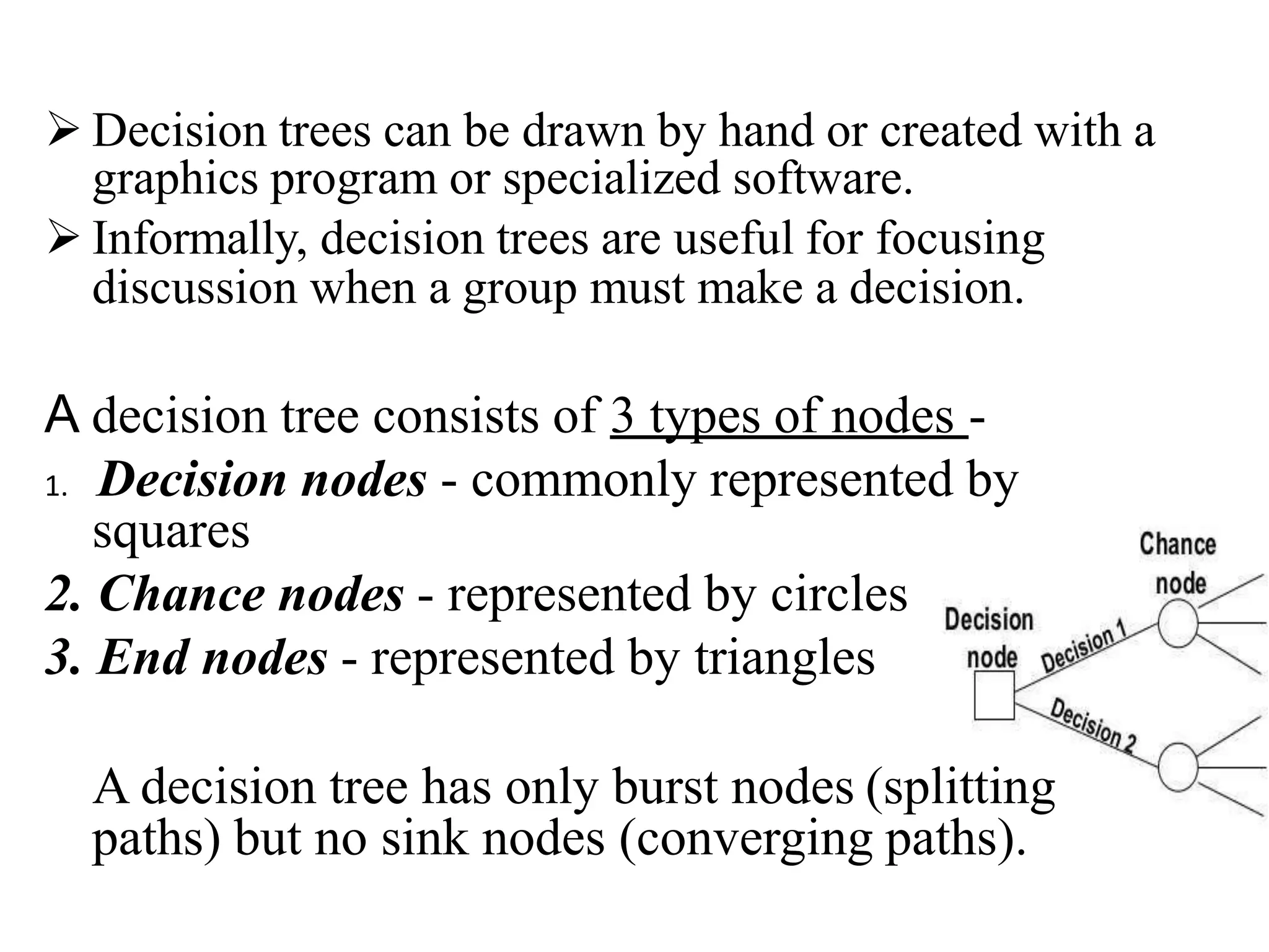  Decision trees can be drawn by hand or created with a
graphics program or specialized software.
 Informally, decision trees are useful for focusing
discussion when a group must make a decision.
A decision tree consists of 3 types of nodes -
1. Decision nodes - commonly represented by
squares
2. Chance nodes - represented by circles
3. End nodes - represented by triangles
A decision tree has only burst nodes (splitting
paths) but no sink nodes (converging paths).
 