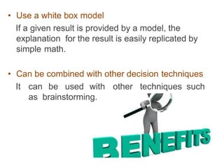 • Use a white box model
If a given result is provided by a model, the
explanation for the result is easily replicated by
simple math.
• Can be combined with other decision techniques
It can be used with other techniques such
as brainstorming.
 