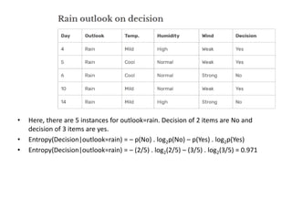 • Here, there are 5 instances for outlook=rain. Decision of 2 items are No and
decision of 3 items are yes.
• Entropy(Decision|outlook=rain) = – p(No) . log2p(No) – p(Yes) . log2p(Yes)
• Entropy(Decision|outlook=rain) = – (2/5) . log2(2/5) – (3/5) . log2(3/5) = 0.971
 