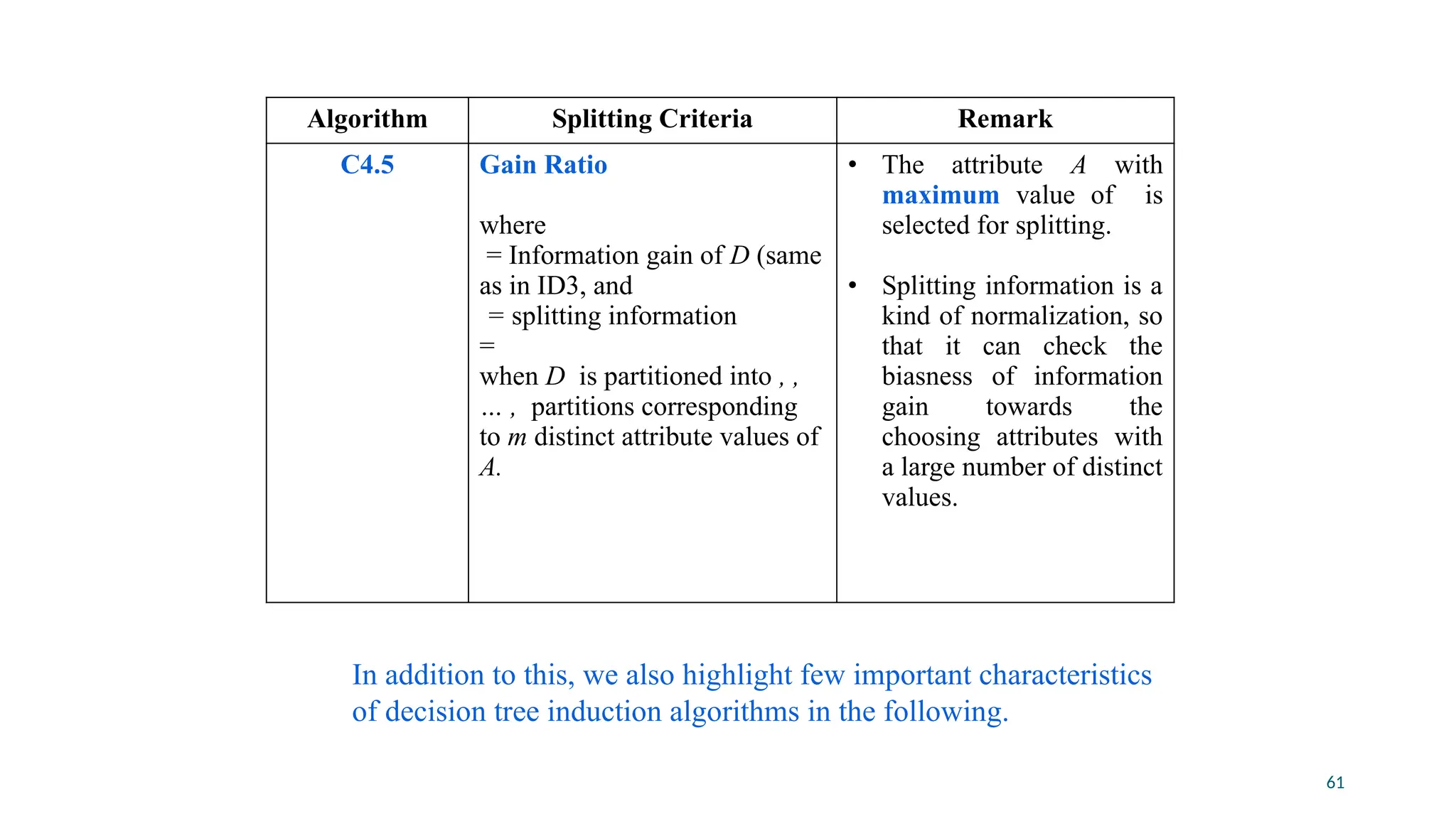 61
Algorithm Splitting Criteria Remark
C4.5 Gain Ratio
where
= Information gain of D (same
as in ID3, and
= splitting information
=
when D is partitioned into , ,
… , partitions corresponding
to m distinct attribute values of
A.
• The attribute A with
maximum value of is
selected for splitting.
• Splitting information is a
kind of normalization, so
that it can check the
biasness of information
gain towards the
choosing attributes with
a large number of distinct
values.
In addition to this, we also highlight few important characteristics
of decision tree induction algorithms in the following.
 