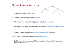 Some Characteristics
• Decision tree may be n-ary, n ≥ 2.
• There is a special node called root node.
• All nodes drawn with circle (ellipse) are called internal nodes.
• All nodes drawn with rectangle boxes are called terminal nodes or leaf nodes.
• Edges of a node represent the outcome for a value of the node.
• In a path, a node with same label is never repeated.
• Decision tree is not unique, as different ordering of internal nodes can give 37
 