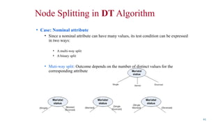 Node Splitting in DT Algorithm
• Case: Nominal attribute
• Since a nominal attribute can have many values, its test condition can be expressed
in two ways:
• A multi-way split
• A binary split
• Muti-way split: Outcome depends on the number of distinct values for the
corresponding attribute
• Binary splitting by grouping attribute values
41
 
