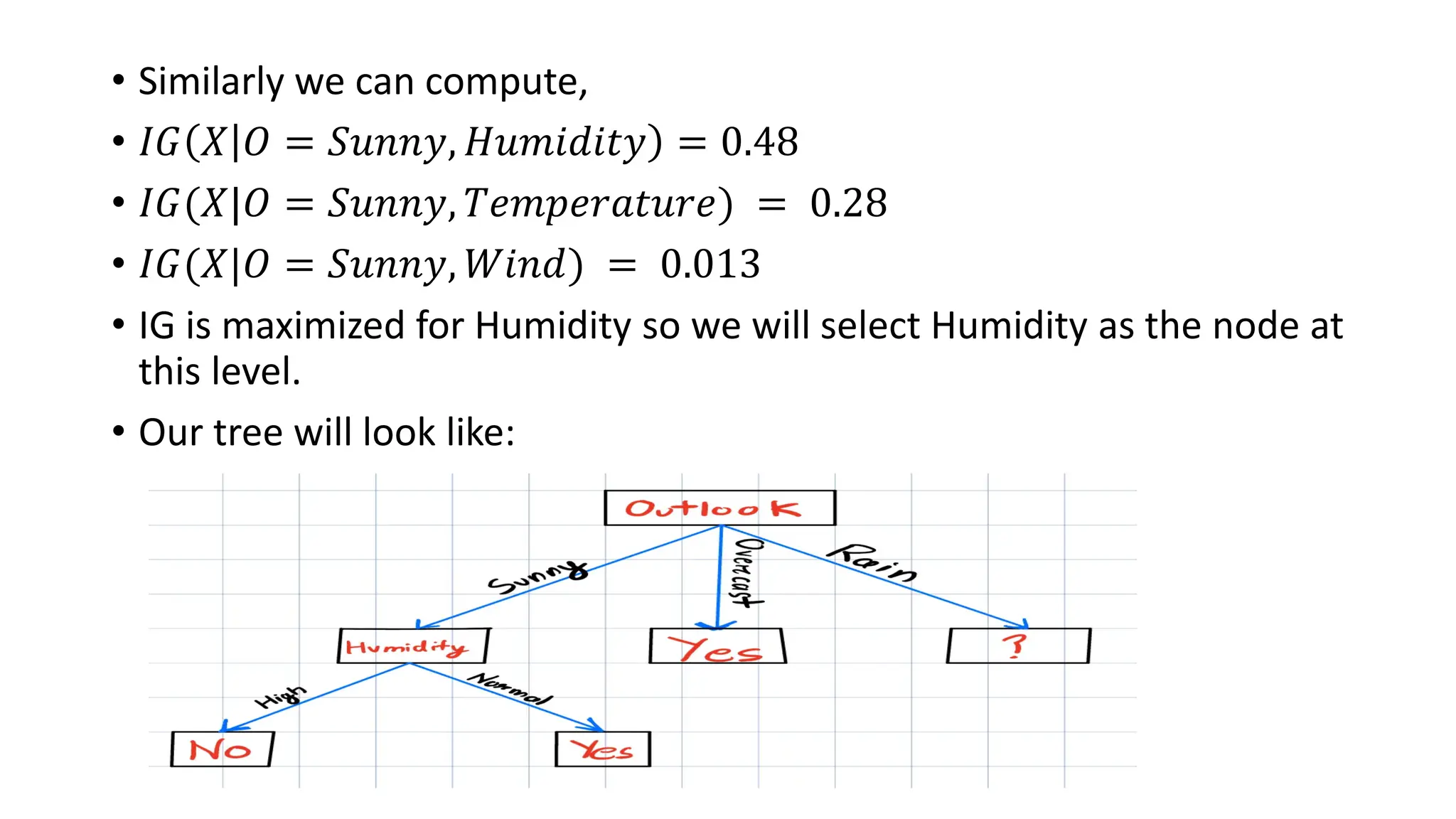 • Similarly we can compute,
• 𝐼𝐺 𝑋 𝑂 = 𝑆𝑢𝑛𝑛𝑦, 𝐻𝑢𝑚𝑖𝑑𝑖𝑡𝑦 = 0.48
• 𝐼𝐺(𝑋|𝑂 = 𝑆𝑢𝑛𝑛𝑦, 𝑇𝑒𝑚𝑝𝑒𝑟𝑎𝑡𝑢𝑟𝑒) = 0.28
• 𝐼𝐺(𝑋|𝑂 = 𝑆𝑢𝑛𝑛𝑦, 𝑊𝑖𝑛𝑑) = 0.013
• IG is maximized for Humidity so we will select Humidity as the node at
this level.
• Our tree will look like:
 