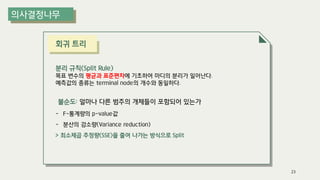 회귀 트리
분리 규칙(Split Rule)
목표 변수의 평균과 표준편차에 기초하여 마디의 분리가 일어난다.
예측값의 종류는 terminal node의 개수와 동일하다.
불순도: 얼마나 다른 범주의 개체들이 포함되어 있는가
- F-통계량의 p-value값
- 분산의 감소량(Variance reduction)
> 최소제곱 추정량(SSE)을 줄여 나가는 방식으로 Split
23
 