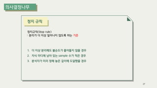 정지 규칙
정지규칙(Stop rule)
: 분리가 더 이상 일어나지 않도록 하는 기준
1. 더 이상 분리해도 불순도가 줄어들지 않을 경우
2. 자식 마디에 남아 있는 sample 수가 적은 경우
3. 분석자가 미리 정해 놓은 깊이에 도달했을 경우
27
 