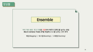 Ensemble
여러 개의 분류, 회귀 모형을 조합하여 예측의 정확도를 높이는 방법
Bias & variance Trade off를 해결해 error를 낮추는 것이 목적
배깅(Bagging) / 부스팅(Boosting) / 스태킹(Stacking)
36
 