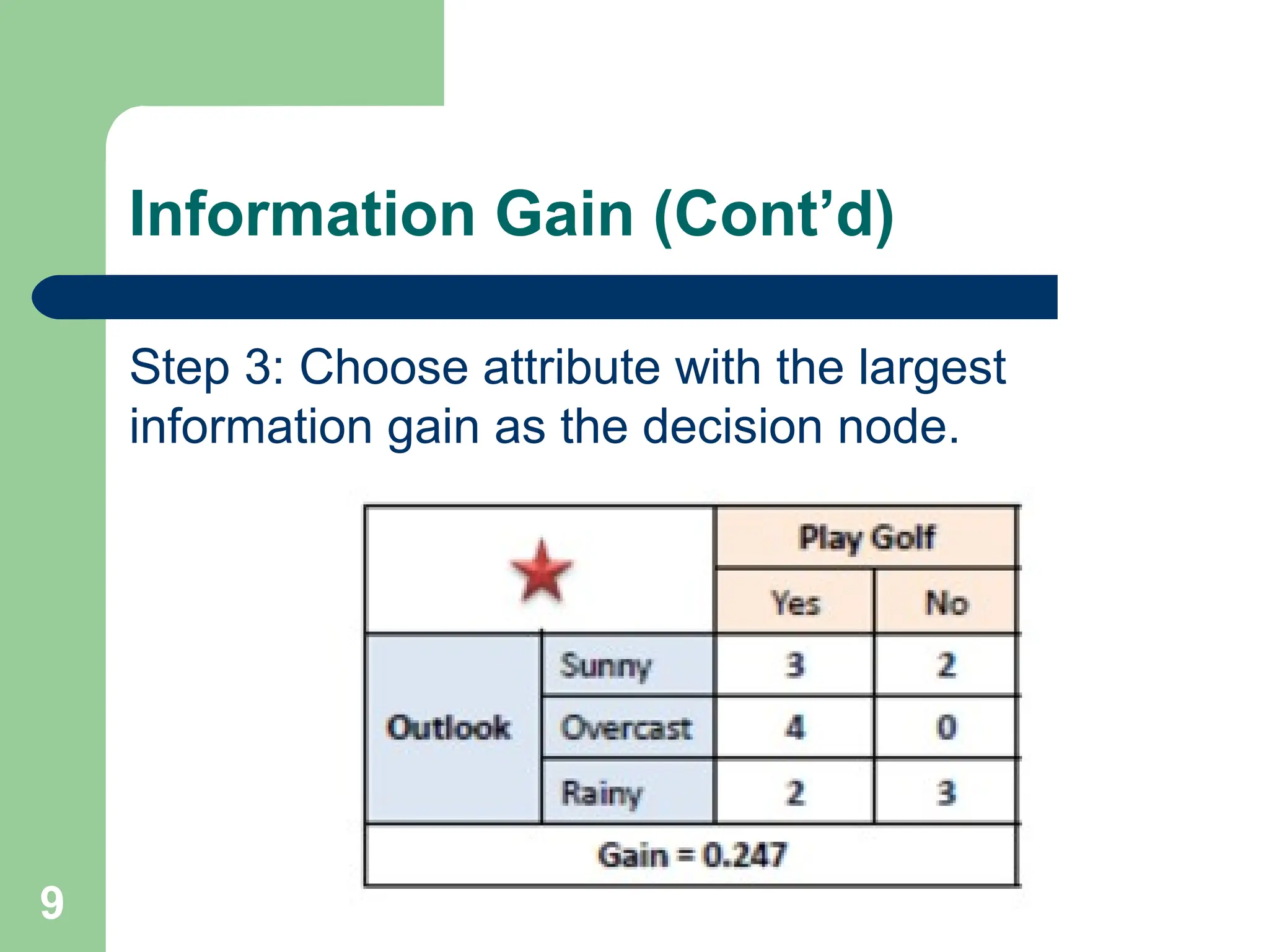 Information Gain (Cont’d) Step 3: Choose attribute with the largest information gain as the decision node. 9 