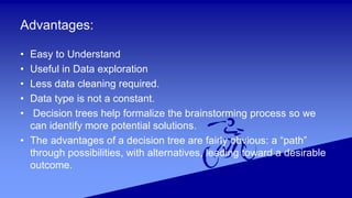 Advantages:
• Easy to Understand
• Useful in Data exploration
• Less data cleaning required.
• Data type is not a constant.
• Decision trees help formalize the brainstorming process so we
can identify more potential solutions.
• The advantages of a decision tree are fairly obvious: a “path”
through possibilities, with alternatives, leading toward a desirable
outcome.
 