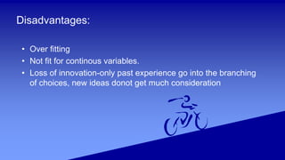 Disadvantages:
• Over fitting
• Not fit for continous variables.
• Loss of innovation-only past experience go into the branching
of choices, new ideas donot get much consideration
 
