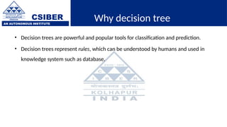 CSIBER
AN AUTONOMOUS INSTITUTE
Why decision tree
• Decision trees are powerful and popular tools for classification and prediction.
• Decision trees represent rules, which can be understood by humans and used in
knowledge system such as database.
 
