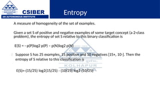 CSIBER
AN AUTONOMOUS INSTITUTE
Entropy
A measure of homogeneity of the set of examples.
Given a set S of positive and negative examples of some target concept (a 2-class
problem), the entropy of set S relative to this binary classification is
E(S) = - p(P)log2 p(P) – p(N)log2 p(N)
 