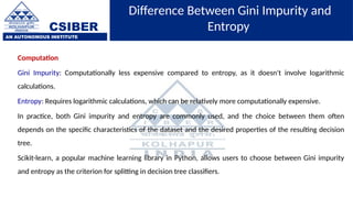 CSIBER
AN AUTONOMOUS INSTITUTE
Difference Between Gini Impurity and
Entropy
Computation
Gini Impurity: Computationally less expensive compared to entropy, as it doesn't involve logarithmic
calculations.
Entropy: Requires logarithmic calculations, which can be relatively more computationally expensive.
In practice, both Gini impurity and entropy are commonly used, and the choice between them often
depends on the specific characteristics of the dataset and the desired properties of the resulting decision
tree.
Scikit-learn, a popular machine learning library in Python, allows users to choose between Gini impurity
and entropy as the criterion for splitting in decision tree classifiers.
 