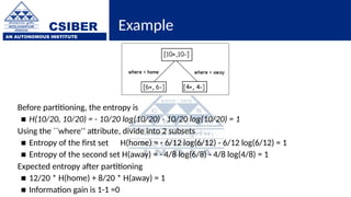 CSIBER
AN AUTONOMOUS INSTITUTE
Example
Before partitioning, the entropy is
■ H(10/20, 10/20) = - 10/20 log(10/20) - 10/20 log(10/20) = 1
Using the ``where’’ attribute, divide into 2 subsets
■ Entropy of the first set H(home) = - 6/12 log(6/12) - 6/12 log(6/12) = 1
■ Entropy of the second set H(away) = - 4/8 log(6/8) - 4/8 log(4/8) = 1
Expected entropy after partitioning
■ 12/20 * H(home) + 8/20 * H(away) = 1
■ Information gain is 1-1 =0
 
