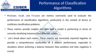 CSIBER
AN AUTONOMOUS INSTITUTE
Performance of Classification
Algorithms
• Precision, recall, and F1-score are metrics commonly used to evaluate the
performance of classification algorithms, particularly in the context of binary or
multiclass classification problems.
• These metrics provide insights into how well a model is performing in terms of
correctly classifying instances from different classes.
• Let's break down each metric. These metrics are commonly reported together to
provide a comprehensive assessment of a model's performance, especially in
situations where achieving a balance between false positives and false negatives is
crucial.
 