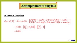 Wind factor on decision
Gain 𝐷, 𝑊 = 𝐸𝑛𝑡𝑟𝑜𝑝𝑦 𝐷 −
𝑃 𝐷|𝑊 = 𝑤𝑒𝑒𝑘 ∗ 𝐸𝑛𝑡𝑟𝑜𝑝𝑦 𝑃 𝐷|𝑊 = 𝑤𝑒𝑎𝑘 −
𝑃 𝐷|𝑊 = 𝑠𝑡𝑟𝑜𝑛𝑔 ∗ 𝐸𝑛𝑡𝑟𝑜𝑝𝑦 𝑃 𝐷|𝑊 = 𝑠𝑡𝑟𝑜𝑛𝑔
= 0.940 −
8
14
∗ 0.811 −
6
14
∗ 1
= 0.048
Cont…
Accomplishment Using ID3
14
 