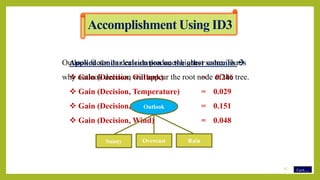 Applied similar calculation on the other columns 
 Gain (Decision, Outlook) = 0.246
 Gain (Decision, Temperature) = 0.029
 Gain (Decision, Humidity) = 0.151
 Gain (Decision, Wind) = 0.048
Outlook factor on decision produces highest score. That’s
why outlook decision will appear the root node of the tree.
Outlook
Sunny Overcast Rain
Cont…
Accomplishment Using ID3
15
 