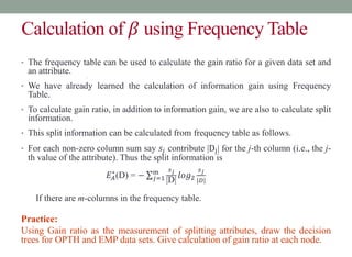 Calculation of 𝛽 using Frequency Table
• The frequency table can be used to calculate the gain ratio for a given data set and
an attribute.
•
• We have already learned the calculation of information gain using Frequency
Table.
• To calculate gain ratio, in addition to information gain, we are also to calculate split
information.
• This split information can be calculated from frequency table as follows.
• For each non-zero column sum say 𝑠𝑗 contribute |Dj| for the j-th column (i.e., the j-
th value of the attribute). Thus the split information is
𝐸𝐴
∗
(D) = − 𝑗=1
m 𝑠𝑗
|D|
𝑙𝑜𝑔2
𝑠𝑗
|𝐷|
If there are m-columns in the frequency table.
Practice:
Using Gain ratio as the measurement of splitting attributes, draw the decision
trees for OPTH and EMP data sets. Give calculation of gain ratio at each node.
 