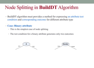 Node Splitting in BuildDTAlgorithm
• BuildDT algorithm must provides a method for expressing an attribute test
condition and corresponding outcome for different attribute type
• Case: Binary attribute
• This is the simplest case of node splitting
• The test condition for a binary attribute generates only two outcomes
 