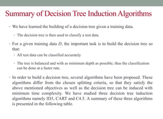 Summary of Decision Tree InductionAlgorithms
• We have learned the building of a decision tree given a training data.
• The decision tree is then used to classify a test data.
• For a given training data D, the important task is to build the decision tree so
that:
• All test data can be classified accurately
• The tree is balanced and with as minimum depth as possible, thus the classification
can be done at a faster rate.
• In order to build a decision tree, several algorithms have been proposed. These
algorithms differ from the chosen splitting criteria, so that they satisfy the
above mentioned objectives as well as the decision tree can be induced with
minimum time complexity. We have studied three decision tree induction
algorithms namely ID3, CART and C4.5. A summary of these three algorithms
is presented in the following table.
 