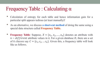 Frequency Table : Calculating α
• Calculation of entropy for each table and hence information gain for a
particular split appears tedious (at least manually)!
• As an alternative, we discuss a short-cut method of doing the same using a
special data structure called Frequency Table.
• Frequency Table: Suppose, 𝑋 = {𝑥1, 𝑥2 , … , 𝑥𝑛} denotes an attribute with
𝑛 − 𝑑𝑖𝑓𝑓𝑒𝑟𝑒𝑛𝑡 attribute values in it. For a given database 𝐷, there are a set
of 𝑘 𝑐𝑙𝑎𝑠𝑠𝑒𝑠 say 𝐶 = {𝑐1, 𝑐2, … 𝑐𝑘}. Given this, a frequency table will look
like as follows.
 