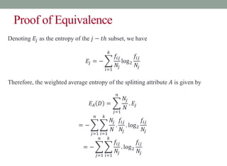 Proof of Equivalence
Denoting 𝐸𝑗 as the entropy of the 𝑗 − 𝑡ℎ subset, we have
𝐸𝑗 = −
𝑖=1
𝑘
𝑓𝑖𝑗
𝑁𝑗
log2
𝑓𝑖𝑗
𝑁𝑗
Therefore, the weighted average entropy of the splitting attribute 𝐴 is given by
𝐸𝐴 𝐷 =
𝑗=1
𝑛
𝑁𝑗
𝑁
. 𝐸𝑗
= −
𝑗=1
𝑛
𝑖=1
𝑘
𝑁𝑗
𝑁
.
𝑓𝑖𝑗
𝑁𝑗
. log2
𝑓𝑖𝑗
𝑁𝑗
= −
𝑗=1
𝑛
𝑖=1
𝑘
𝑓𝑖𝑗
𝑁𝑗
. log2
𝑓𝑖𝑗
𝑁𝑗
 