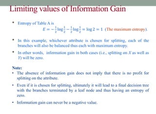 Limiting values of Information Gain
• Entropy of Table A is
𝐸 = −
1
2
log
1
2
−
1
2
log
1
2
= log 2 = 1 (The maximum entropy).
• In this example, whichever attribute is chosen for splitting, each of the
branches will also be balanced thus each with maximum entropy.
• In other words, information gain in both cases (i.e., splitting on X as well as
Y) will be zero.
Note:
• The absence of information gain does not imply that there is no profit for
splitting on the attribute.
• Even if it is chosen for splitting, ultimately it will lead to a final decision tree
with the branches terminated by a leaf node and thus having an entropy of
zero.
• Information gain can never be a negative value.
 