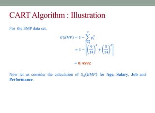 CARTAlgorithm : Illustration
For the EMP data set,
𝐺 𝐸𝑀𝑃 = 1 −
𝑖=1
2
𝑝𝑖
2
= 1 −
9
14
2
+
5
14
2
= 𝟎. 𝟒𝟓𝟗𝟐
Now let us consider the calculation of 𝐺𝐴 𝐸𝑀𝑃 for Age, Salary, Job and
Performance.
 