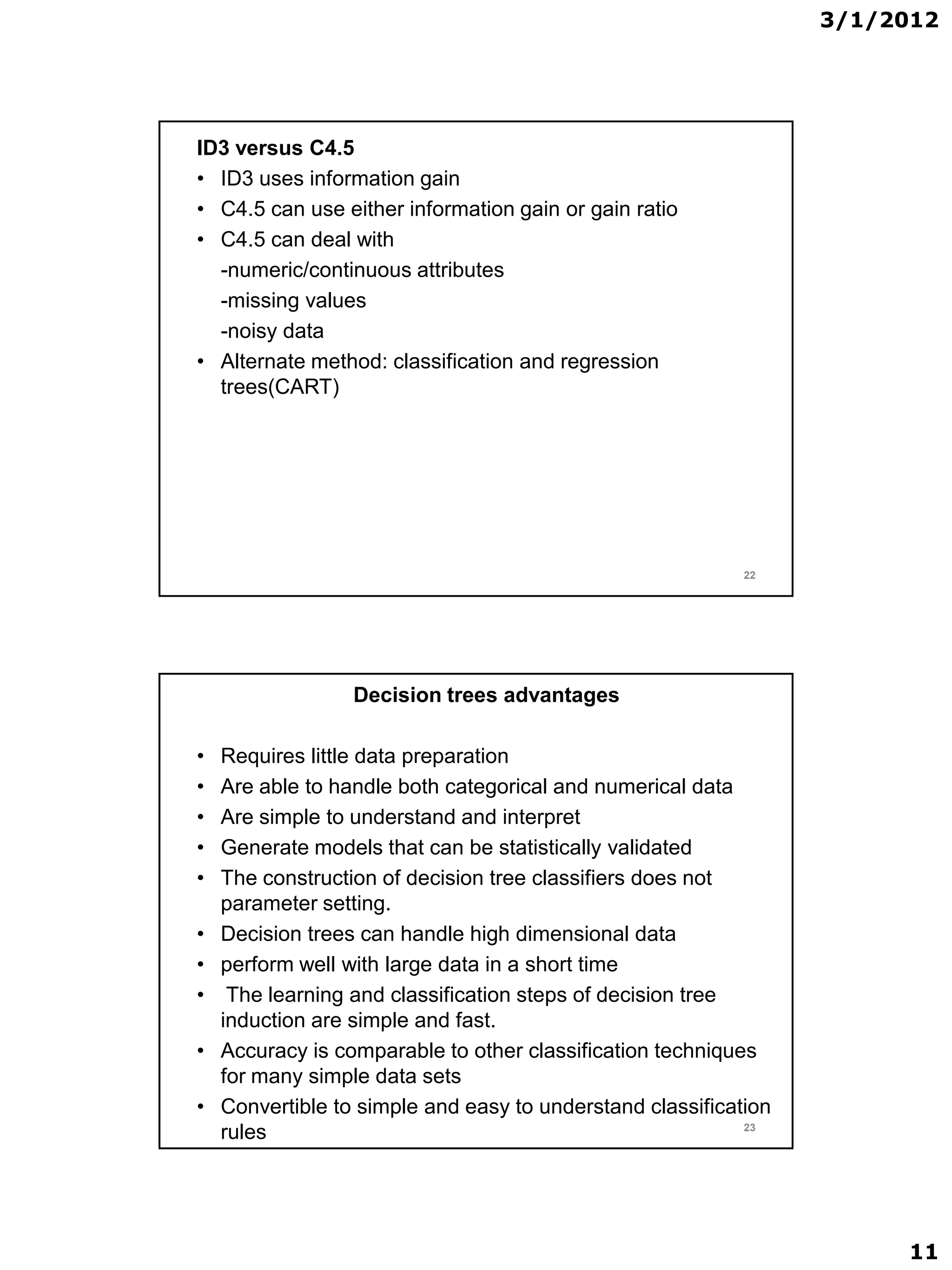 3/1/2012




ID3 versus C4.5
• ID3 uses information gain
• C4.5 can use either information gain or gain ratio
• C4.5 can deal with
  -numeric/continuous attributes
  -missing values
  -noisy data
• Alternate method: classification and regression
  trees(CART)




                                                            22




                  Decision trees advantages

•   Requires little data preparation
•   Are able to handle both categorical and numerical data
•   Are simple to understand and interpret
•   Generate models that can be statistically validated
•   The construction of decision tree classifiers does not
    parameter setting.
•   Decision trees can handle high dimensional data
•   perform well with large data in a short time
•    The learning and classification steps of decision tree
    induction are simple and fast.
•   Accuracy is comparable to other classification techniques
    for many simple data sets
•   Convertible to simple and easy to understand classification
                                                            23
    rules




                                                                       11
 