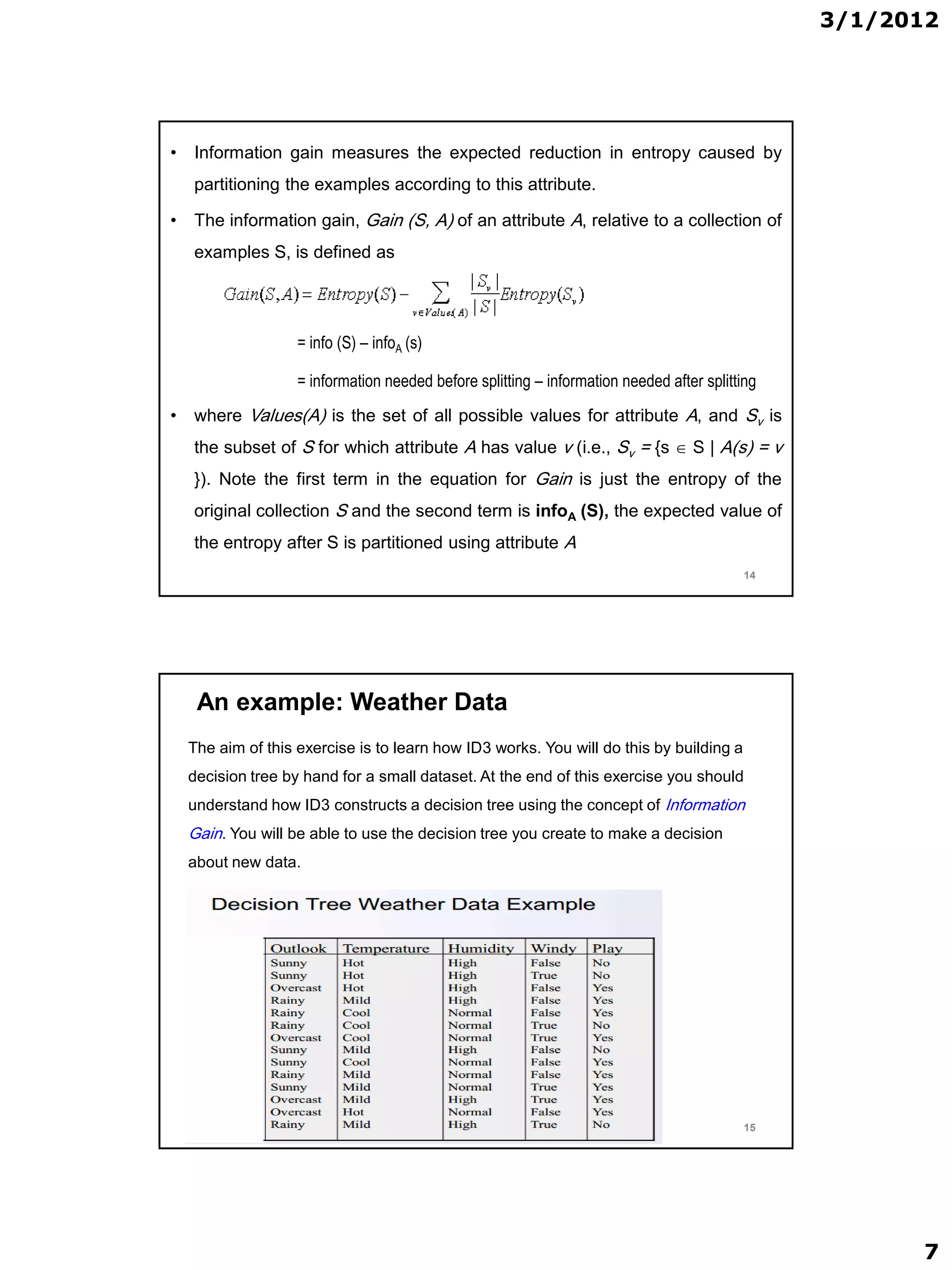 3/1/2012




•   Information gain measures the expected reduction in entropy caused by
    partitioning the examples according to this attribute.

•   The information gain, Gain (S, A) of an attribute A, relative to a collection of
    examples S, is defined as




                    = info (S) – infoA (s)

                    = information needed before splitting – information needed after splitting
•   where Values(A) is the set of all possible values for attribute A, and Sv is
    the subset of S for which attribute A has value v (i.e., Sv = {s  S | A(s) = v
    }). Note the first term in the equation for Gain is just the entropy of the
    original collection S and the second term is infoA (S), the expected value of
    the entropy after S is partitioned using attribute A
                                                                                           14




     An example: Weather Data
    The aim of this exercise is to learn how ID3 works. You will do this by building a
    decision tree by hand for a small dataset. At the end of this exercise you should
    understand how ID3 constructs a decision tree using the concept of Information
    Gain. You will be able to use the decision tree you create to make a decision
    about new data.




                                                                                           15




                                                                                                       7
 
