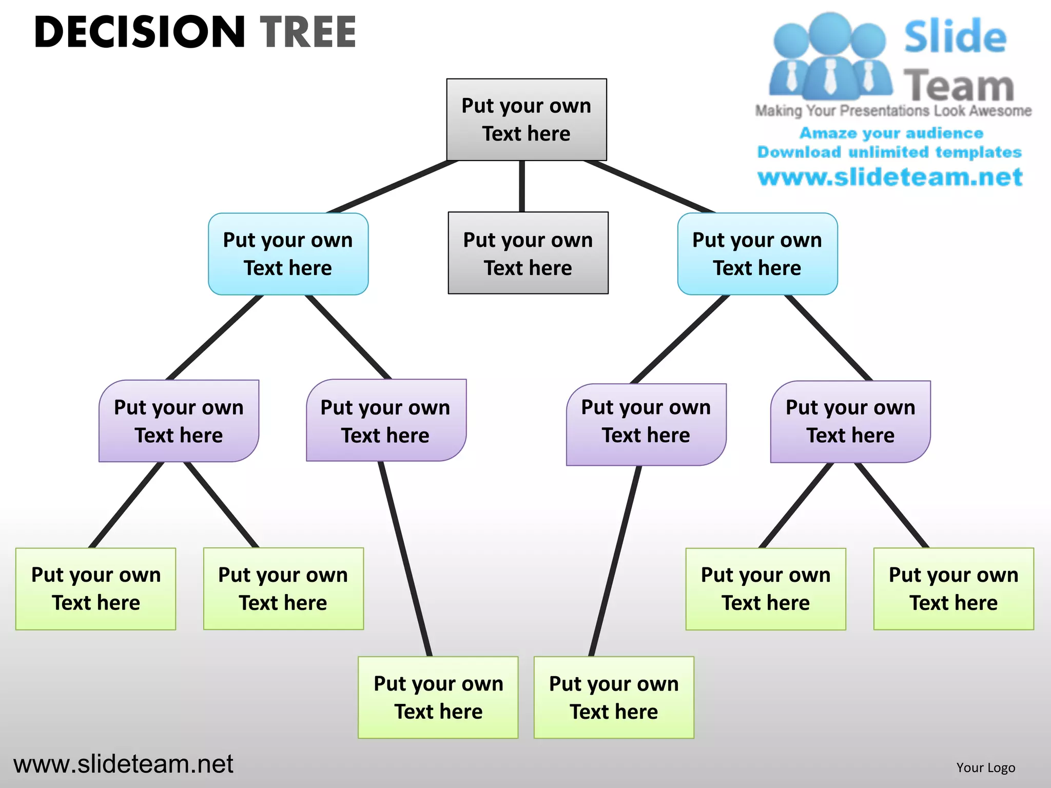 DECISION TREE
                                         Put your own
                                           Text here



                  Put your own           Put your own           Put your own
                    Text here              Text here              Text here




        Put your own      Put your own              Put your own        Put your own
          Text here         Text here                 Text here           Text here




 Put your own    Put your own                                   Put your own     Put your own
   Text here       Text here                                      Text here        Text here


                                 Put your own    Put your own
                                   Text here       Text here

www.slideteam.net                                                                      Your Logo
 