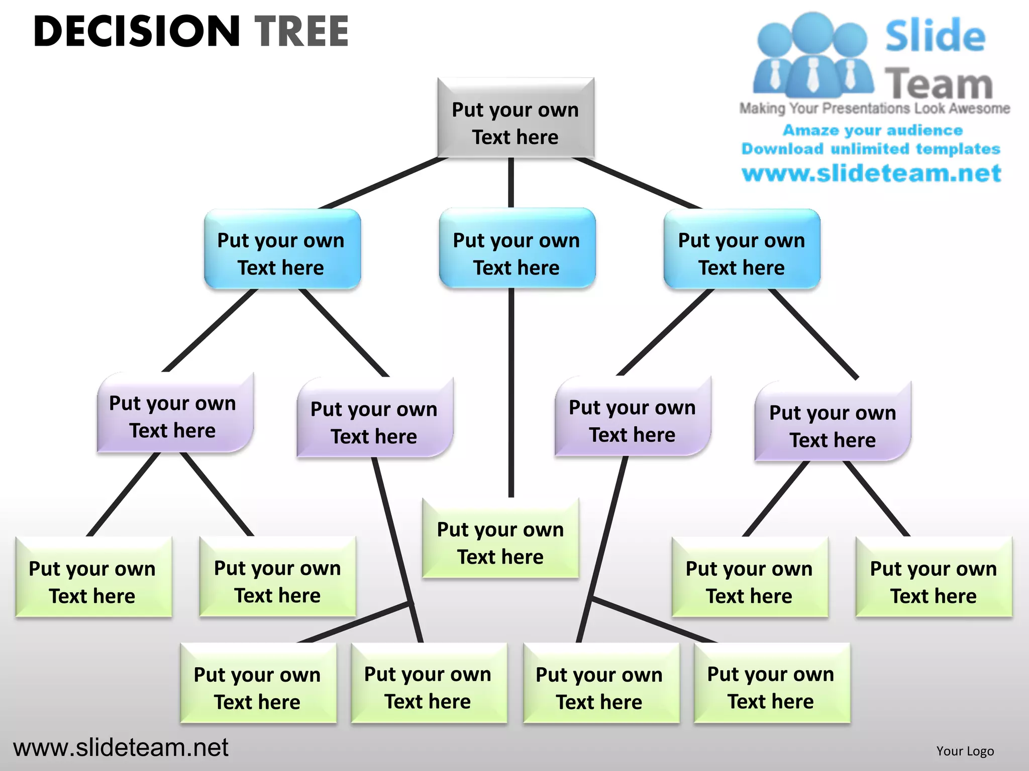 DECISION TREE
                                         Put your own
                                           Text here



                  Put your own           Put your own           Put your own
                    Text here              Text here              Text here




        Put your own      Put your own                Put your own        Put your own
          Text here         Text here                   Text here           Text here


                                       Put your own
                 Put your own            Text here
 Put your own                                                   Put your own        Put your own
   Text here       Text here                                      Text here           Text here


                Put your own     Put your own   Put your own         Put your own
                  Text here        Text here      Text here            Text here

www.slideteam.net                                                                         Your Logo
 
