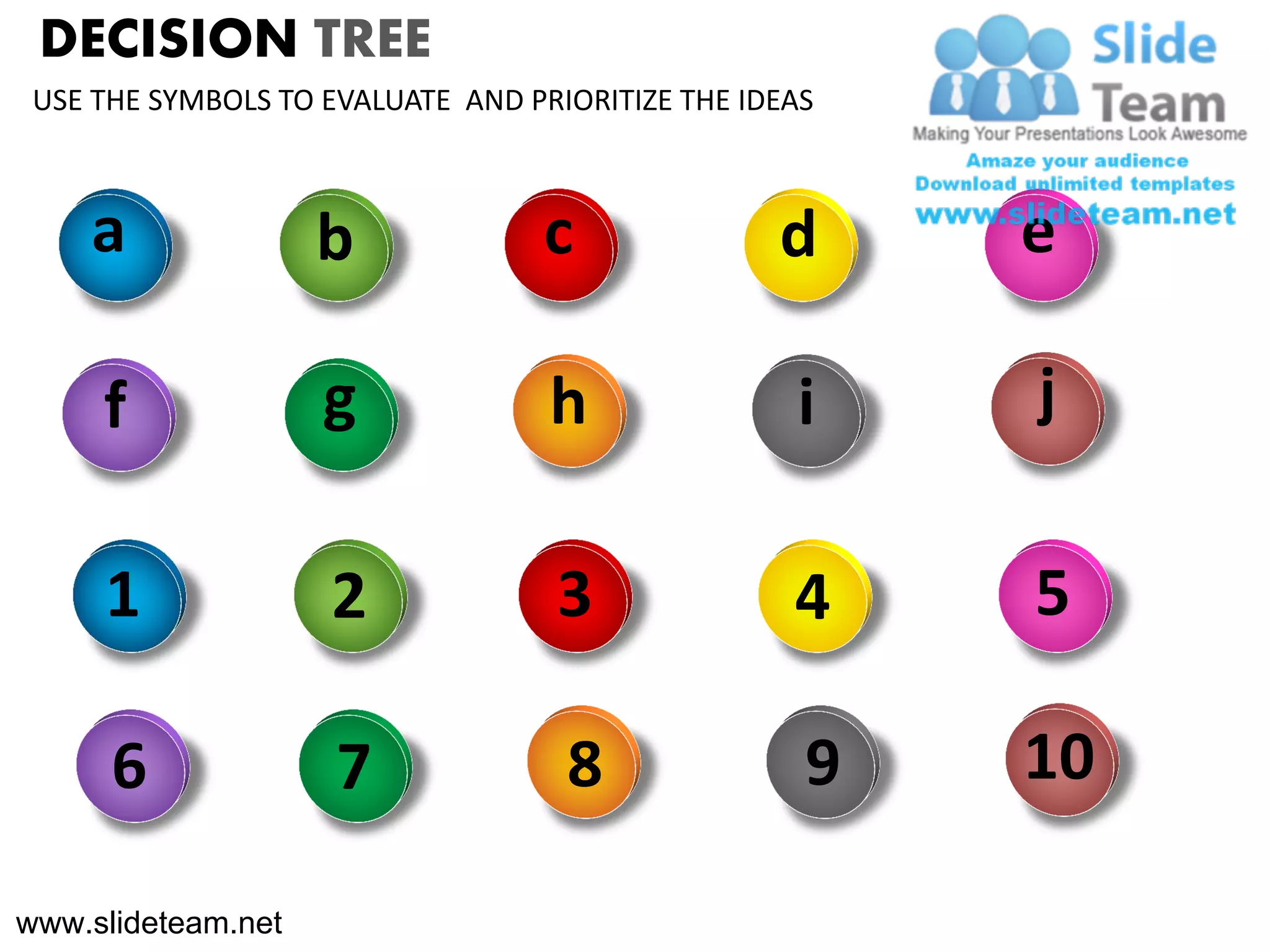 DECISION TREE
 USE THE SYMBOLS TO EVALUATE AND PRIORITIZE THE IDEAS



    a               b              c              d     e

     f              g              h               i    j

     1              2              3               4    5

      6              7              8               9   10

www.slideteam.net
 