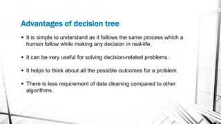 Advantages of decision tree
 It is simple to understand as it follows the same process which a
human follow while making any decision in real-life.
 It can be very useful for solving decision-related problems.
 It helps to think about all the possible outcomes for a problem.
 There is less requirement of data cleaning compared to other
algorithms.
 