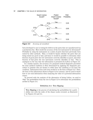 32 CHAPTER 3 THE VALUE OF INFORMATION 
Yes 
Yes 
No 
Yes 
No 
No 
Predict 
Import License 
Issued? 
Import License 
Issued? 
(0.9) 
(0.1) 
(0.4) 
(0.6) 
(0.5) 
(0.5) 
Path 
Probability 
0.45 
0.05 
0.20 
0.30 
Figure 3.3 Accuracy of consultant 
been developed to use in testing for defects in the parts that are manufactured on 
a production line. How would the accuracy of the test instrument be determined? 
Probably by using the instrument on a series of parts that have previously been 
tested by other methods. Thus, it would be known whether the parts that are 
being tested are good or bad, and hence it would be possible to determine what 
fraction of good parts the test instrument correctly identi¯ es as good, and what 
fraction of bad parts the test instrument correctly identi¯ es as bad. This is 
analogous to the way that the information is presented for Lofton in Figure 3.3. 
In a similar manner, the accuracy of a proposed medical diagnostic procedure 
for some medical condition is often determined by applying the diagnostic pro-cedure 
to patients who are known to either have the condition or not have the 
condition. Information from such tests would be in the form of Figure 3.3. Thus, 
the form of the information shown in Figure 3.3 is common, and we need to know 
how to use such information when analyzing the value of a potential information 
source. 
To proceed with the analysis of the alternative of hiring Lofton, we need to 
°ip" the probabilities from the tree in Figure 3.3 to determine the probabilities 
needed in Figure 3.4. 
De¯ nition 3.1: Tree ° ipping 
Tree ° ipping is the process of calculating the probabilities for a prob-ability 
tree with the order of the chance nodes reversed, as illustrated 
by Figures 3.3 and 3.4. 
 