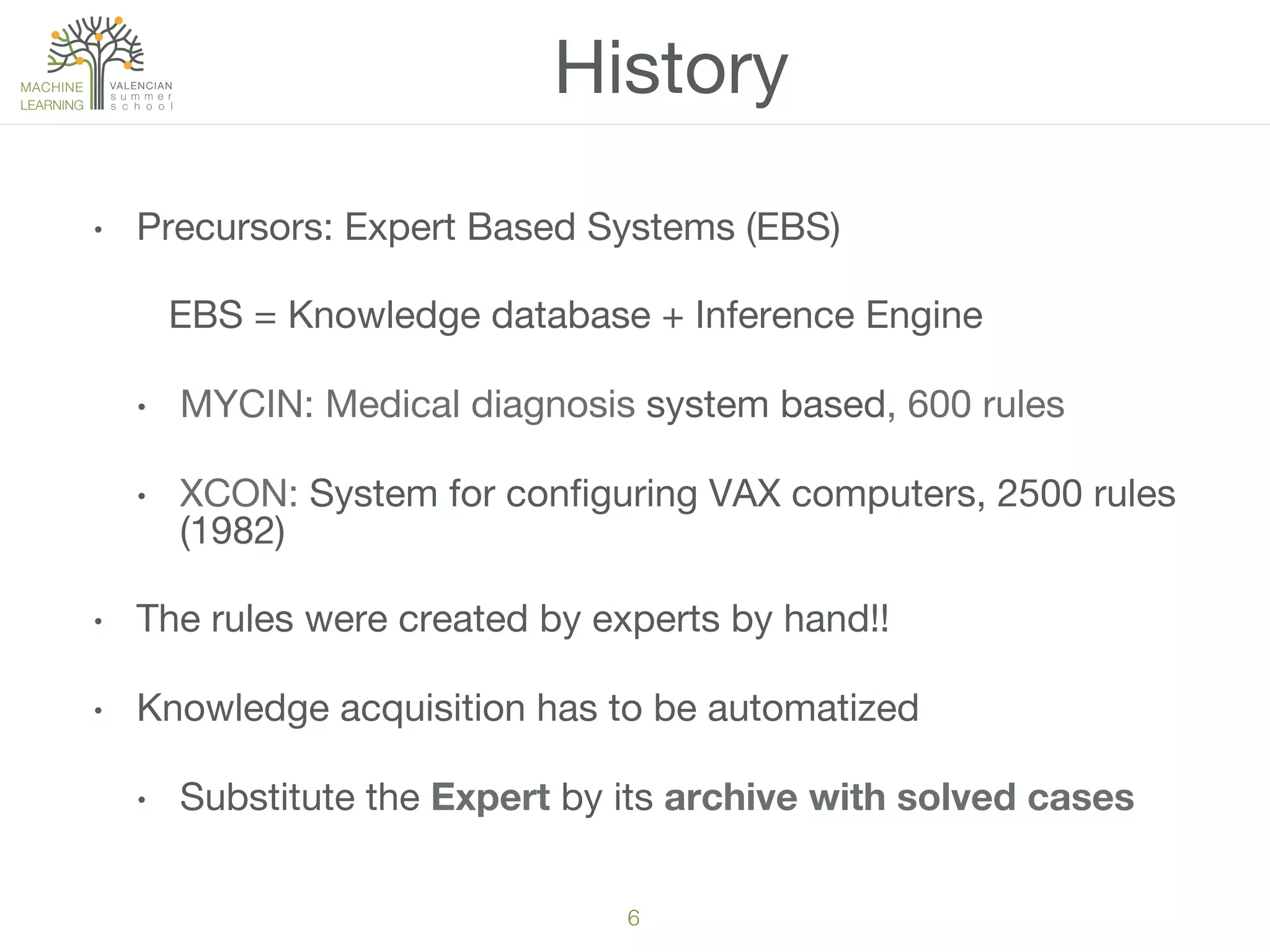 6!
•  Precursors: Expert Based Systems (EBS)
EBS = Knowledge database + Inference Engine
•  MYCIN: Medical diagnosis system based, 600 rules
•  XCON: System for conﬁguring VAX computers, 2500 rules
(1982)
•  The rules were created by experts by hand!! 
•  Knowledge acquisition has to be automatized
•  Substitute the Expert by its archive with solved cases
History
 