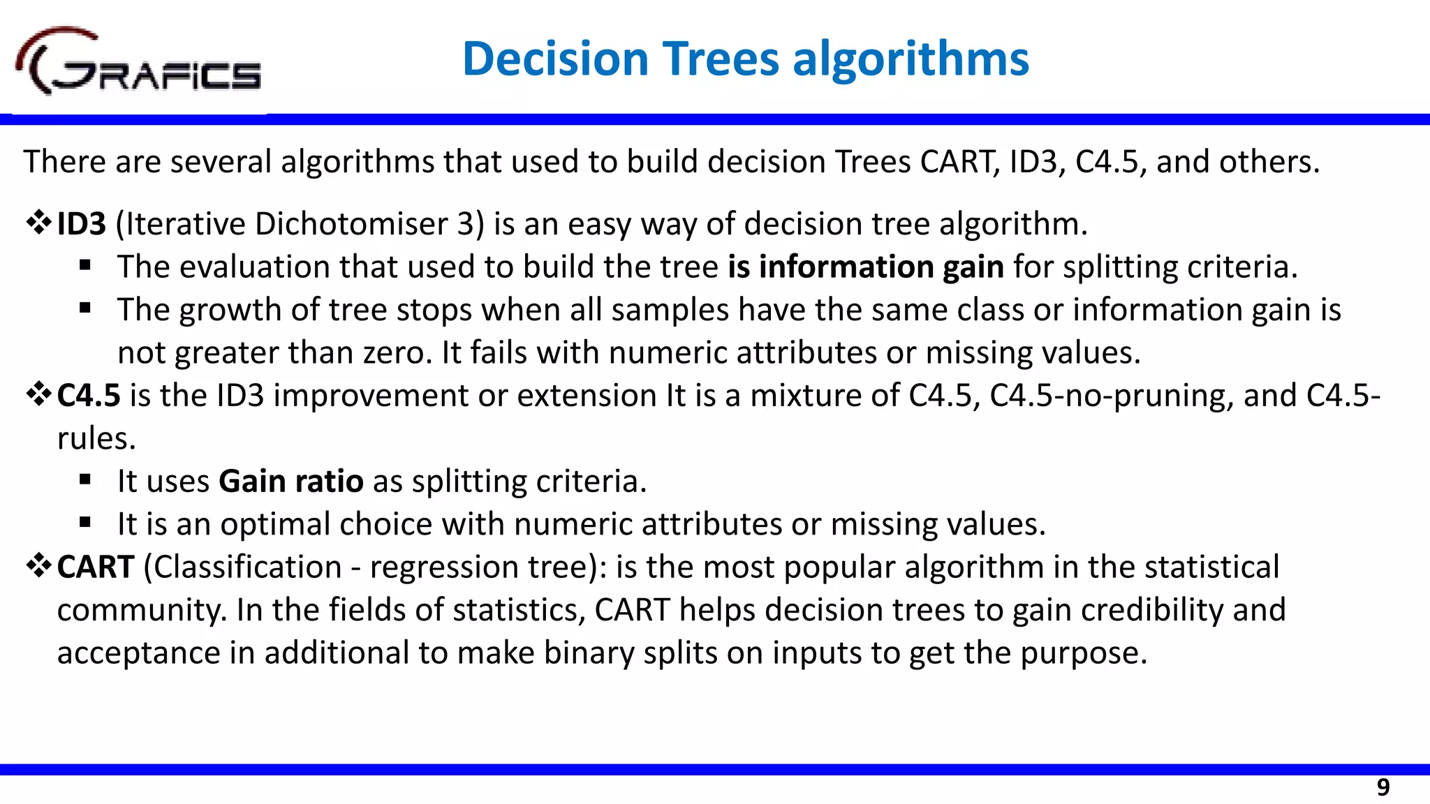 ❖ID3 (Iterative Dichotomiser 3) is an easy way of decision tree algorithm.
▪ The evaluation that used to build the tree is information gain for splitting criteria.
▪ The growth of tree stops when all samples have the same class or information gain is
not greater than zero. It fails with numeric attributes or missing values.
❖C4.5 is the ID3 improvement or extension It is a mixture of C4.5, C4.5-no-pruning, and C4.5-
rules.
▪ It uses Gain ratio as splitting criteria.
▪ It is an optimal choice with numeric attributes or missing values.
❖CART (Classification - regression tree): is the most popular algorithm in the statistical
community. In the fields of statistics, CART helps decision trees to gain credibility and
acceptance in additional to make binary splits on inputs to get the purpose.
9
There are several algorithms that used to build decision Trees CART, ID3, C4.5, and others.
Decision Trees algorithms
 