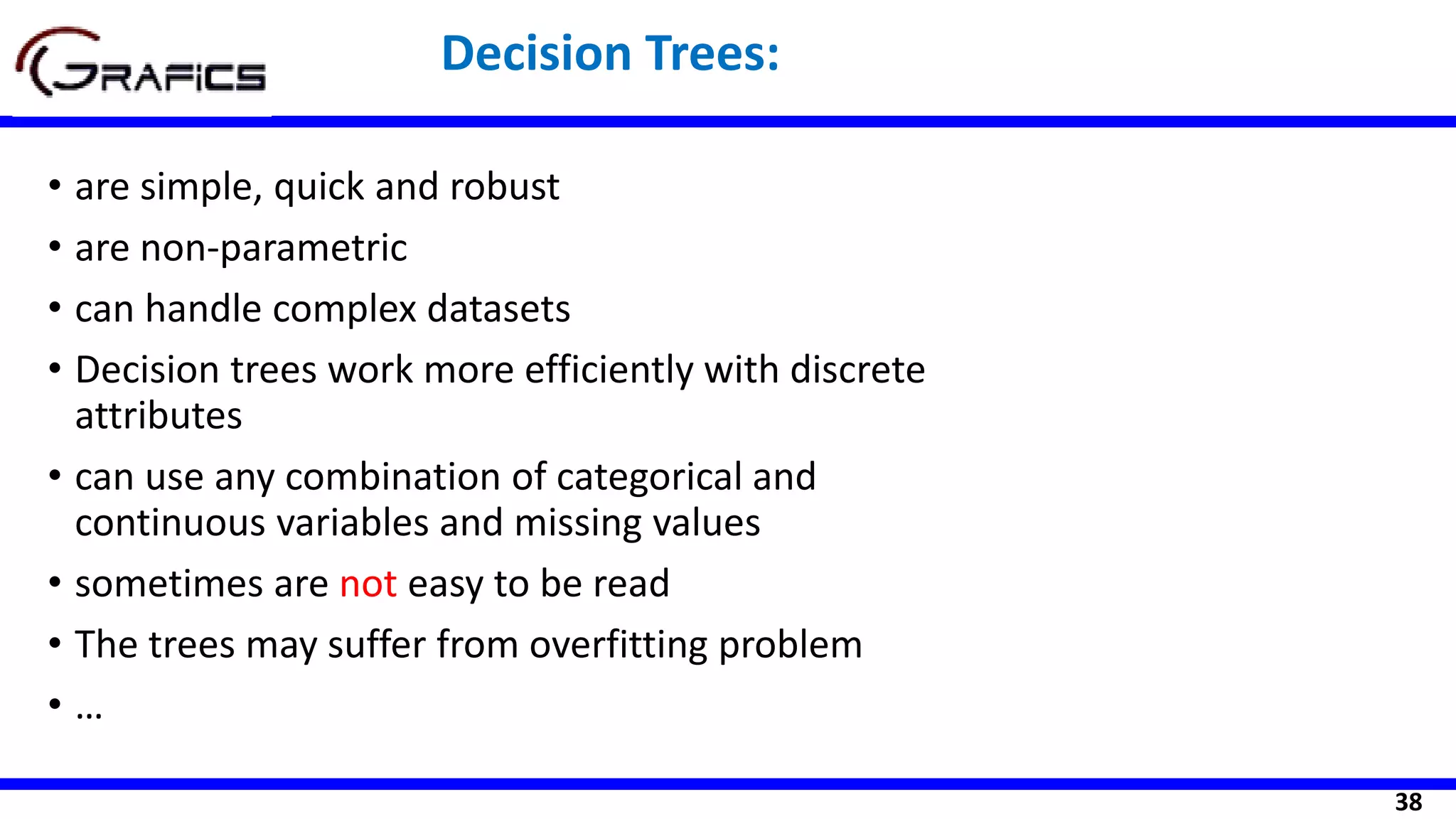 38
• are simple, quick and robust
• are non-parametric
• can handle complex datasets
• Decision trees work more efficiently with discrete
attributes
• can use any combination of categorical and
continuous variables and missing values
• sometimes are not easy to be read
• The trees may suffer from overfitting problem
• …
Decision Trees:
 