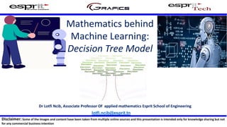 Mathematics behind
Machine Learning:
Decision Tree Model
Dr Lotfi Ncib, Associate Professor Of applied mathematics Esprit School of Engineering
lotfi.ncib@esprit.tn
Disclaimer: Some of the Images and content have been taken from multiple online sources and this presentation is intended only for knowledge sharing but not
for any commercial business intention
 