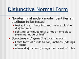 Disjunctive Normal Form
 Non-terminal node - model identifies an
attribute to be tested
 test splits attribute into mutually exclusive
disjoint sets
 splitting continues until a node - one class
(terminal node or leaf)
 Structure - disjunctive normal form
 limits form of a rule to conjunctions (adding)
of terms
 allows disjunction (or-ing) over a set of rules
 