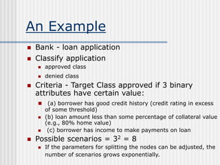 An Example
 Bank - loan application
 Classify application
 approved class
 denied class
 Criteria - Target Class approved if 3 binary
attributes have certain value:
 (a) borrower has good credit history (credit rating in excess
of some threshold)
 (b) loan amount less than some percentage of collateral value
(e.g., 80% home value)
 (c) borrower has income to make payments on loan
 Possible scenarios = 32 = 8
 If the parameters for splitting the nodes can be adjusted, the
number of scenarios grows exponentially.
 