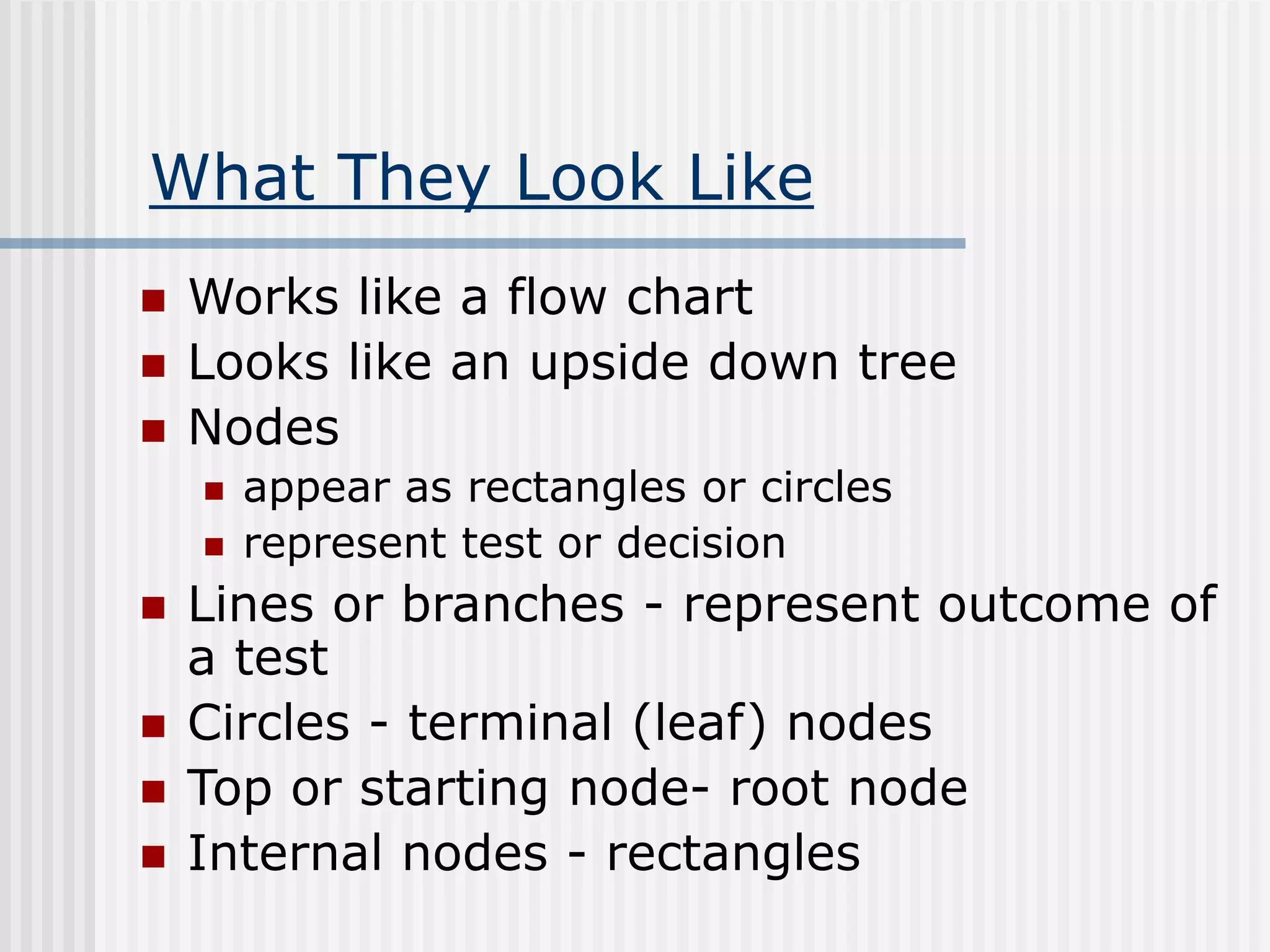 What They Look Like
 Works like a flow chart
 Looks like an upside down tree
 Nodes
 appear as rectangles or circles
 represent test or decision
 Lines or branches - represent outcome of
a test
 Circles - terminal (leaf) nodes
 Top or starting node- root node
 Internal nodes - rectangles
 