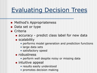 Evaluating Decision Trees
 Method’s Appropriateness
 Data set or type
 Criteria
 accuracy - predict class label for new data
 scalability
• performs model generation and prediction functions
• large data sets
• satisfactory speed
 robustness
• perform well despite noisy or missing data
 intuitive appeal
• results easily understood
• promotes decision making
 