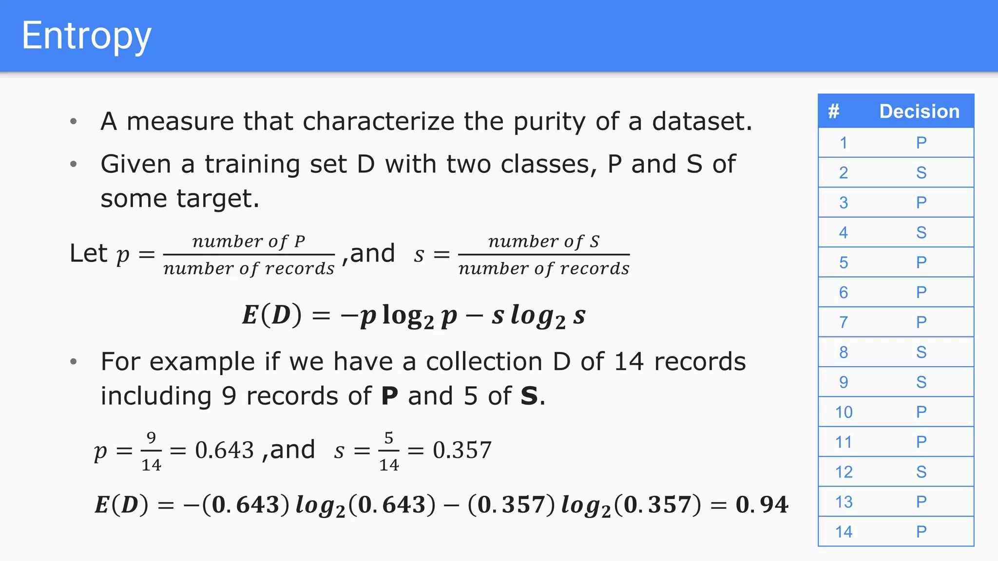 Entropy
• A measure that characterize the purity of a dataset.
• Given a training set D with two classes, P and S of
some target.
Let 𝑝 =
𝑛𝑢𝑚𝑏𝑒𝑟 𝑜𝑓 𝑃
𝑛𝑢𝑚𝑏𝑒𝑟 𝑜𝑓 𝑟𝑒𝑐𝑜𝑟𝑑𝑠
,and 𝑠 =
𝑛𝑢𝑚𝑏𝑒𝑟 𝑜𝑓 𝑆
𝑛𝑢𝑚𝑏𝑒𝑟 𝑜𝑓 𝑟𝑒𝑐𝑜𝑟𝑑𝑠
𝑬 𝑫 = −𝒑 𝐥𝐨𝐠 𝟐 𝒑 − 𝒔 𝒍𝒐𝒈 𝟐 𝒔
• For example if we have a collection D of 14 records
including 9 records of P and 5 of S.
𝑝 =
9
14
= 0.643 ,and 𝑠 =
5
14
= 0.357
𝑬 𝑫 = − 𝟎. 𝟔𝟒𝟑 𝒍𝒐𝒈 𝟐 𝟎. 𝟔𝟒𝟑 − 𝟎. 𝟑𝟓𝟕 𝒍𝒐𝒈 𝟐 𝟎. 𝟑𝟓𝟕 = 𝟎. 𝟗𝟒
# Decision
1 P
2 S
3 P
4 S
5 P
6 P
7 P
8 S
9 S
10 P
11 P
12 S
13 P
14 P
 