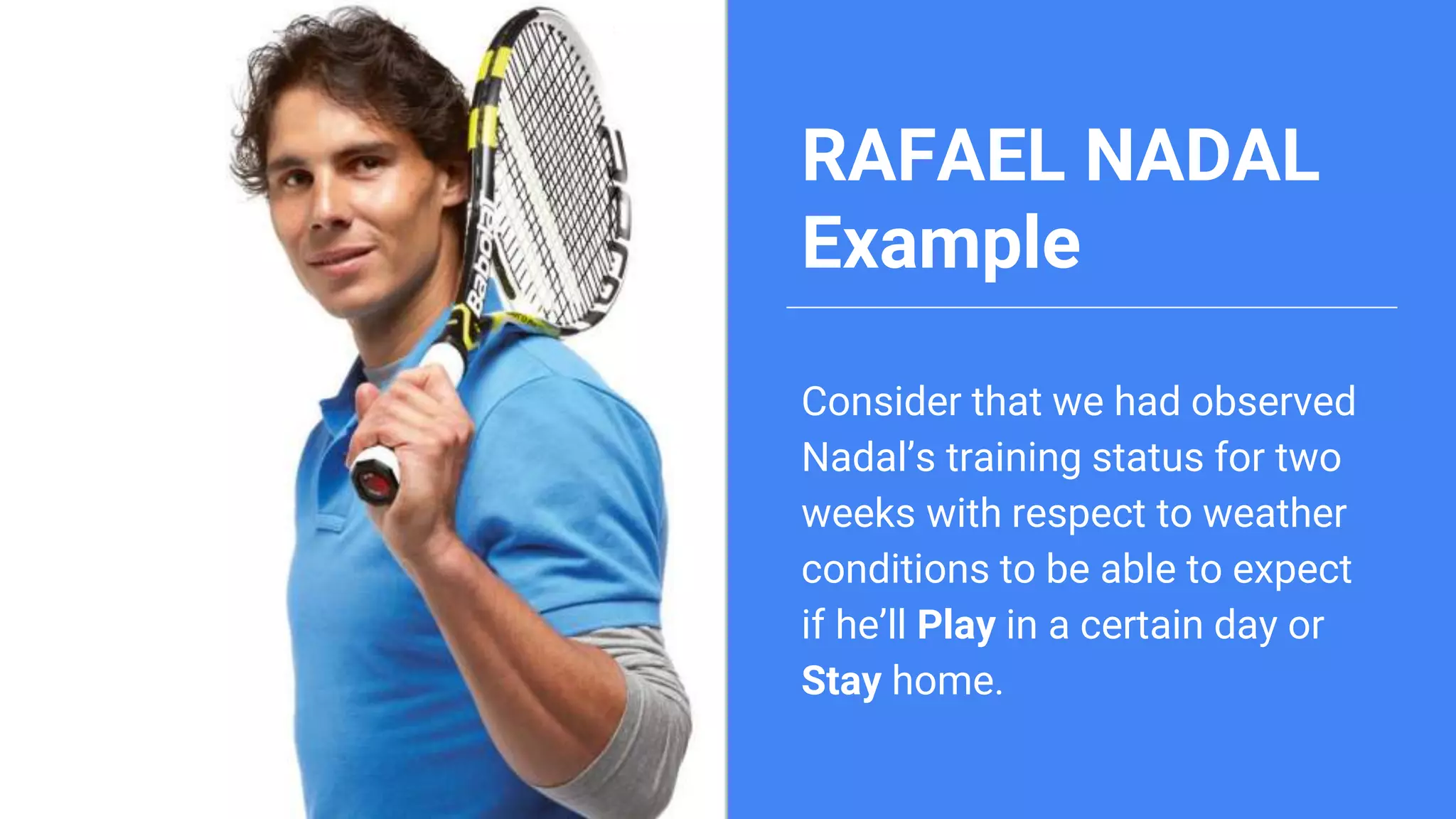 RAFAEL NADAL
Example
Consider that we had observed
Nadal’s training status for two
weeks with respect to weather
conditions to be able to expect
if he’ll Play in a certain day or
Stay home.
 