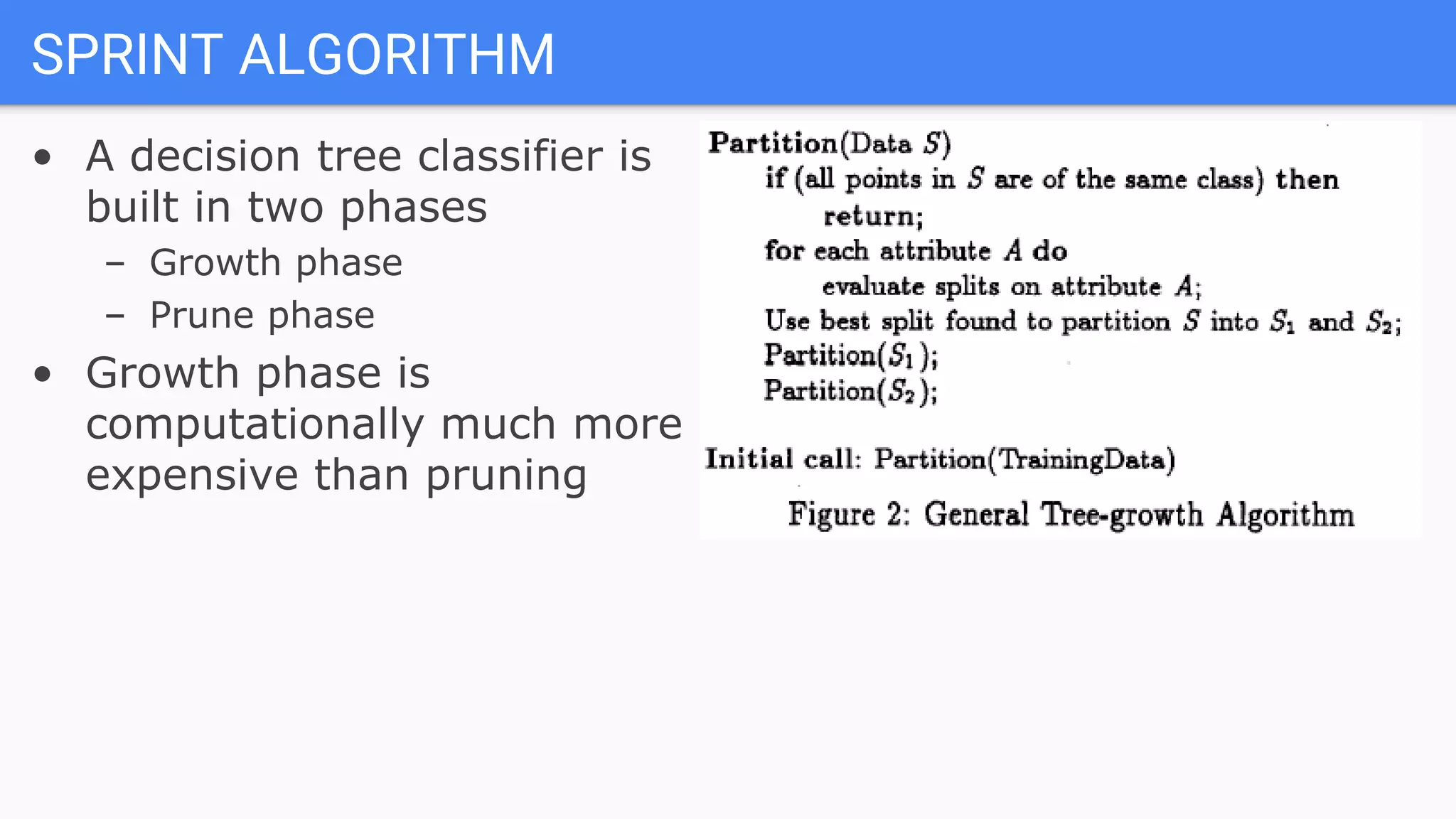 • A decision tree classifier is
built in two phases
– Growth phase
– Prune phase
• Growth phase is
computationally much more
expensive than pruning
SPRINT ALGORITHM
 