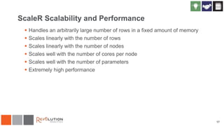 ScaleR Scalability and Performance
 Handles an arbitrarily large number of rows in a fixed amount of memory
 Scales linearly with the number of rows
 Scales linearly with the number of nodes
 Scales well with the number of cores per node
 Scales well with the number of parameters
 Extremely high performance
17
 