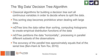 The ‘Big Data’ Decision Tree Algorithm
 Classical algorithms for building a decision tree sort all
continuous variables in order to decide where to split the data.
 This sorting step becomes prohibitive when dealing with large
data.
 rxDTree bins the data rather than sorting, computing histograms
to create empirical distribution functions of the data
 rxDTree partitions the data “horizontally”, processing in parallel
different subsets of the observations
 The accuracy of the parallel tree approximately equals that of the
serial tree (Ben-Haim & Tom-Tov, 2010)
Revolution R Enterprise 32
 