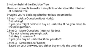 Intuition behind the Decision Tree
Here’s an example to make it simple to understand the intuition
of decision tree:
Imagine you’re deciding whether to buy an umbrella:
1.Step 1 – Ask a Question (Root Node):
Is it raining?
If yes, you might decide to buy an umbrella. If no, you move to
the next question.
2.Step 2 – More Questions (Internal Nodes):
If it’s not raining, you might ask:
Is it likely to rain later?
If yes, you buy an umbrella; if no, you don’t.
3.Step 3 – Decision (Leaf Node):
Based on your answers, you either buy or skip the umbrella
 